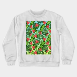 Watermelon And Tropical Leaves Pattern Crewneck Sweatshirt